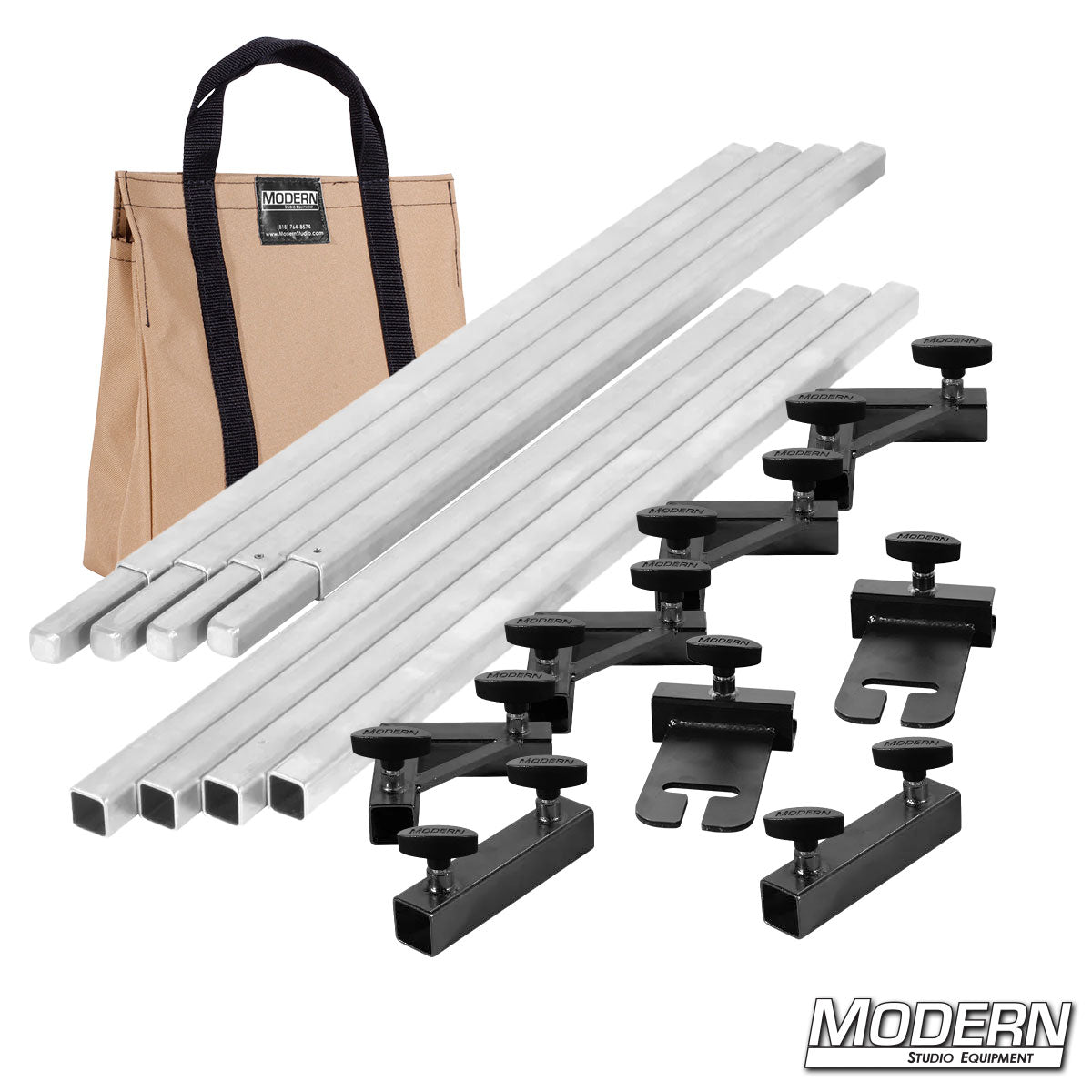 Film production 8 x 8 frame kit showing aluminum tubes, ears, and connectors laid out with tan bag