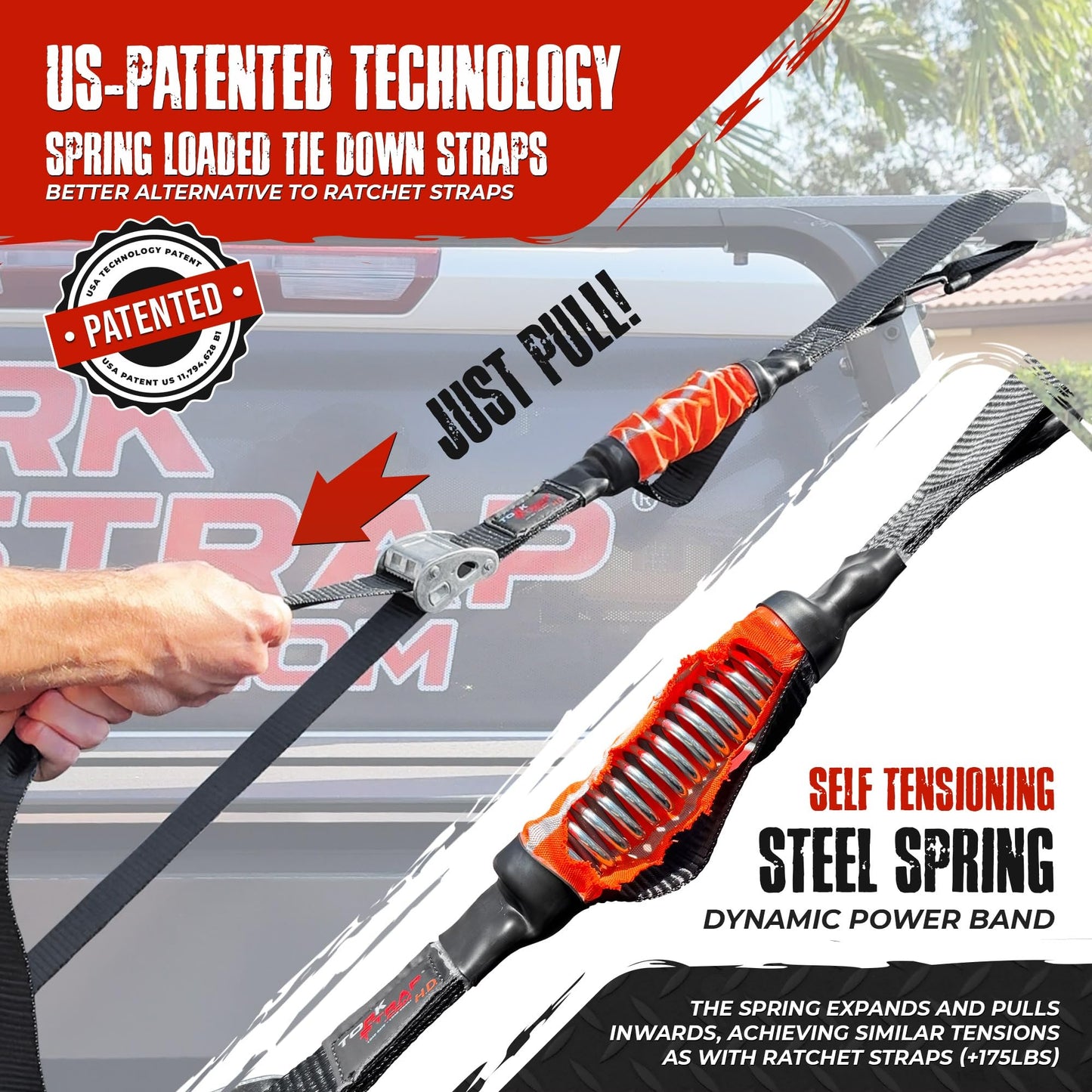 TorkStrap 14' x 1.5'' Self Tensioning Tie Down Straps (2-PK) - Automatically Adapt to Load Shifts - 2,250LB Break Strength - Grip Support Store