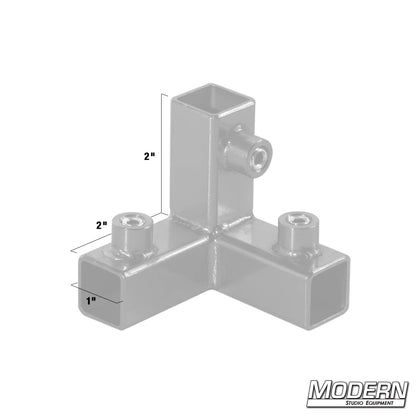 3-way corner connector for 3/4-inch square aluminum tubing – durable frame fitting for film, stage, and studio grip equipment