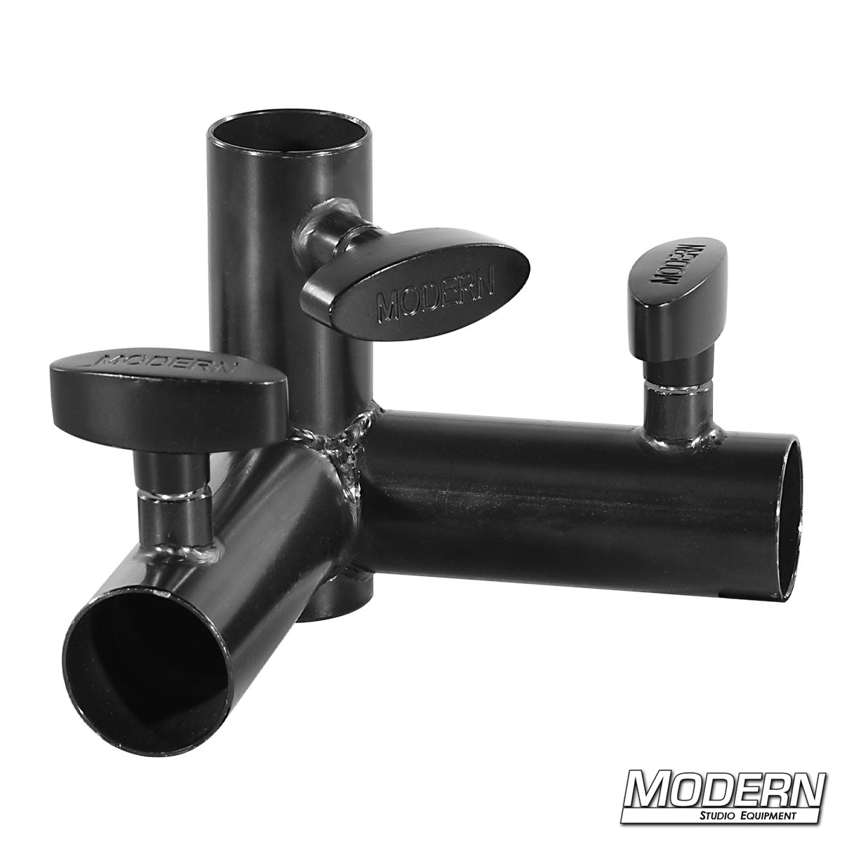 3-way pass-through corner fitting for 1-inch Speed-Rail® pipe with T-Handles– durable aluminum connector for frame building in film, stage, and studio applications