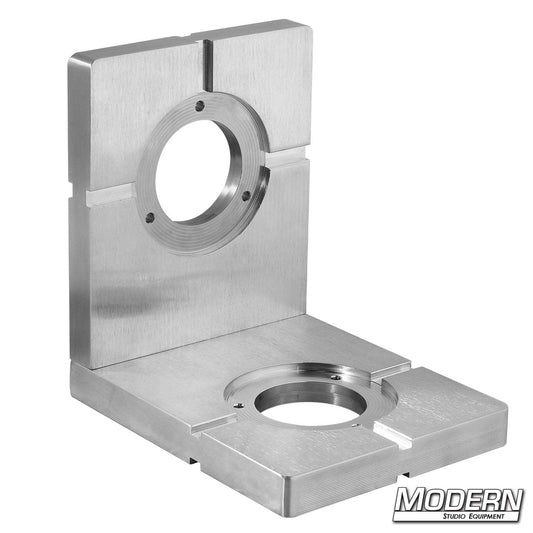 A silver-colored metal L-plate grip equipment piece with a circular cutout and multiple screw holes, branded with 'MODERN STUDIO EQUIPMENT'.