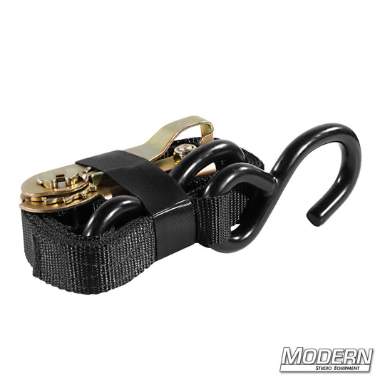 Black 1-inch by 6-foot ratchet strap with metal ratchet and hook ends.