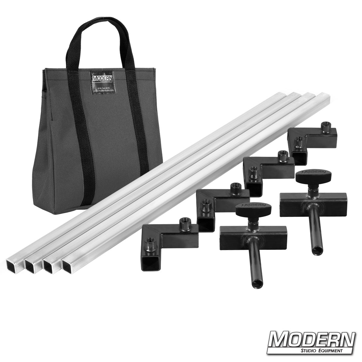 Film production frame kit showing aluminum tubes, ears, and connectors laid out with gray bag