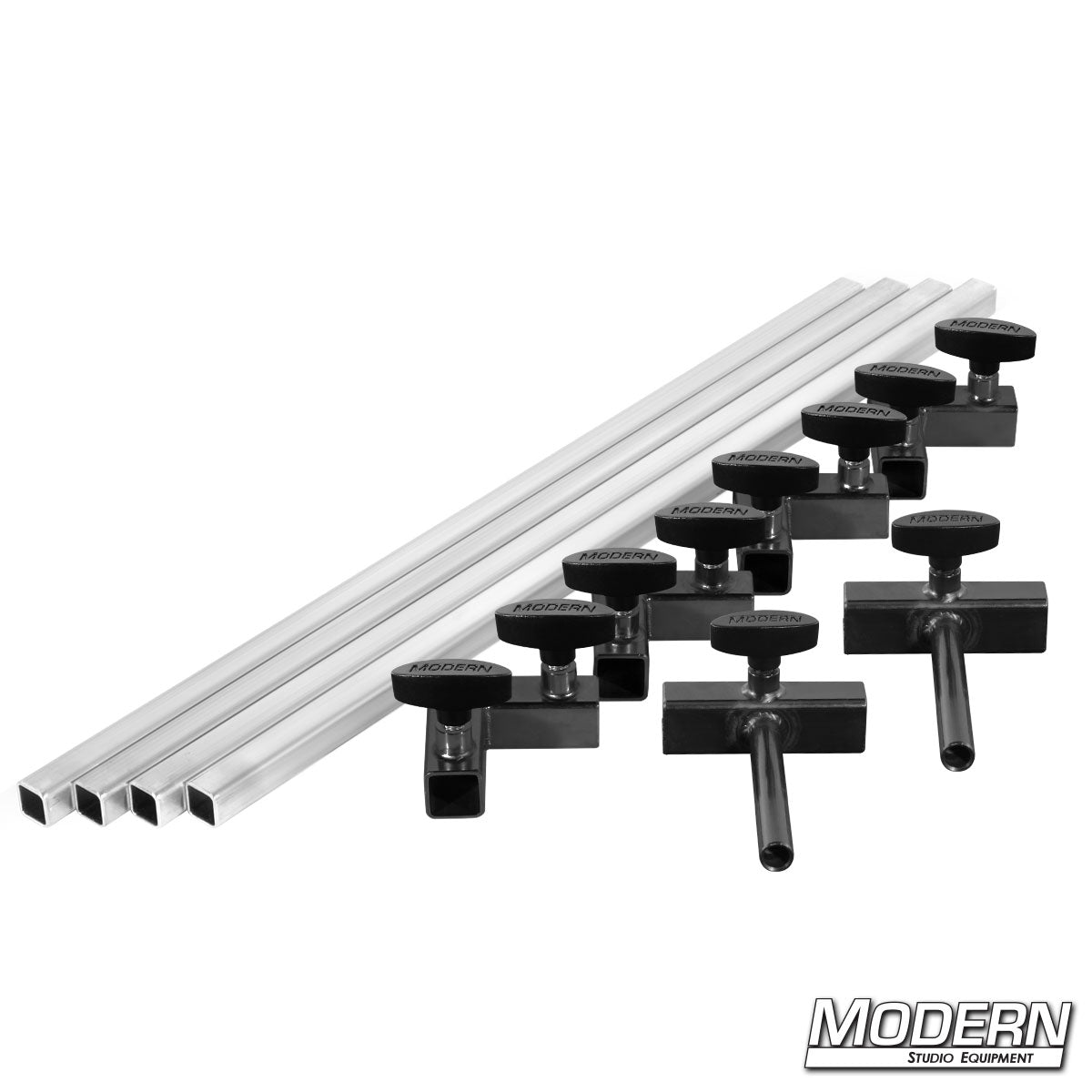 Film production frame kit showing aluminum tubes, ears, and connectors laid out with t-handles