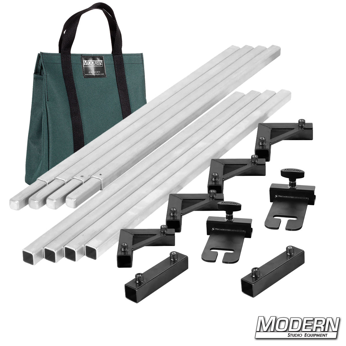 Film production 8 x 8 frame kit showing aluminum tubes, ears, and connectors laid out with green bag