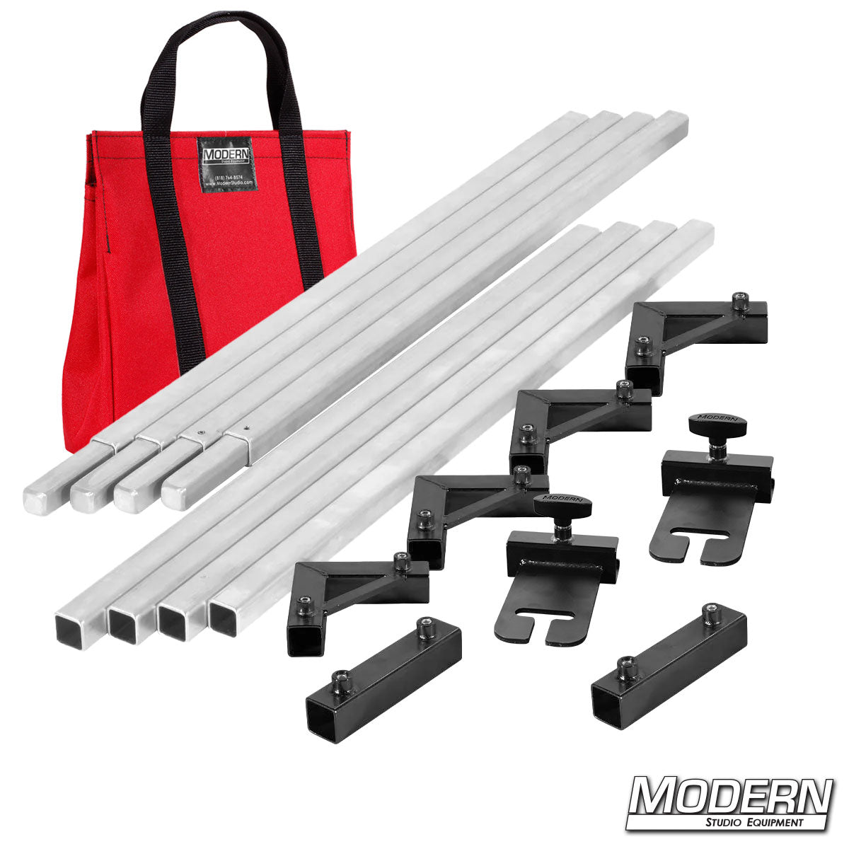 Film production 8 x 8 frame kit showing aluminum tubes, ears, and connectors laid out with red bag