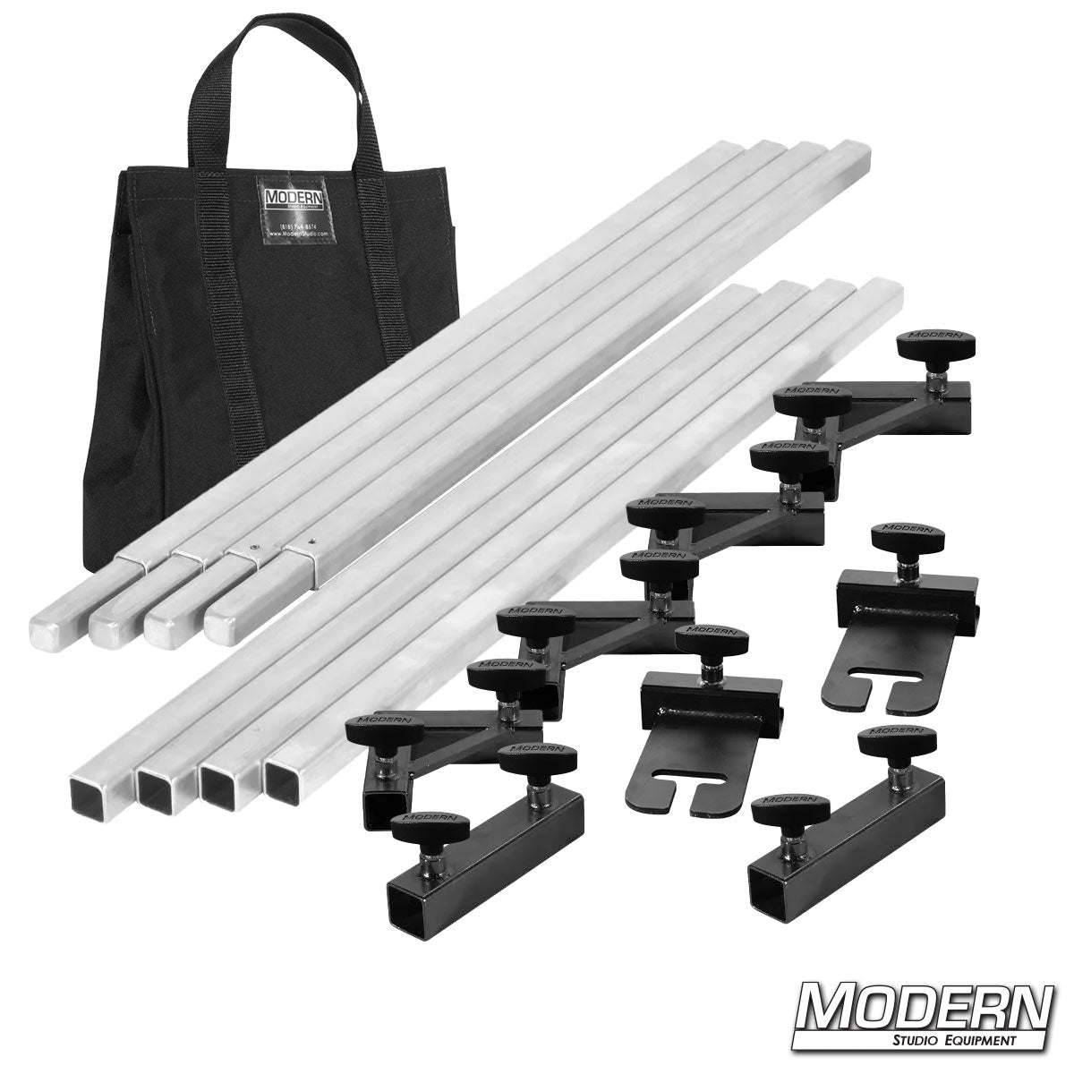 Film production 8 x 8 frame kit showing aluminum tubes, flip flop ears with T-Handles, and connectors laid out