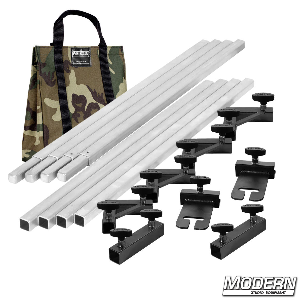 Film production 8 x 8 frame kit showing aluminum tubes, ears, and connectors laid out with camo bag