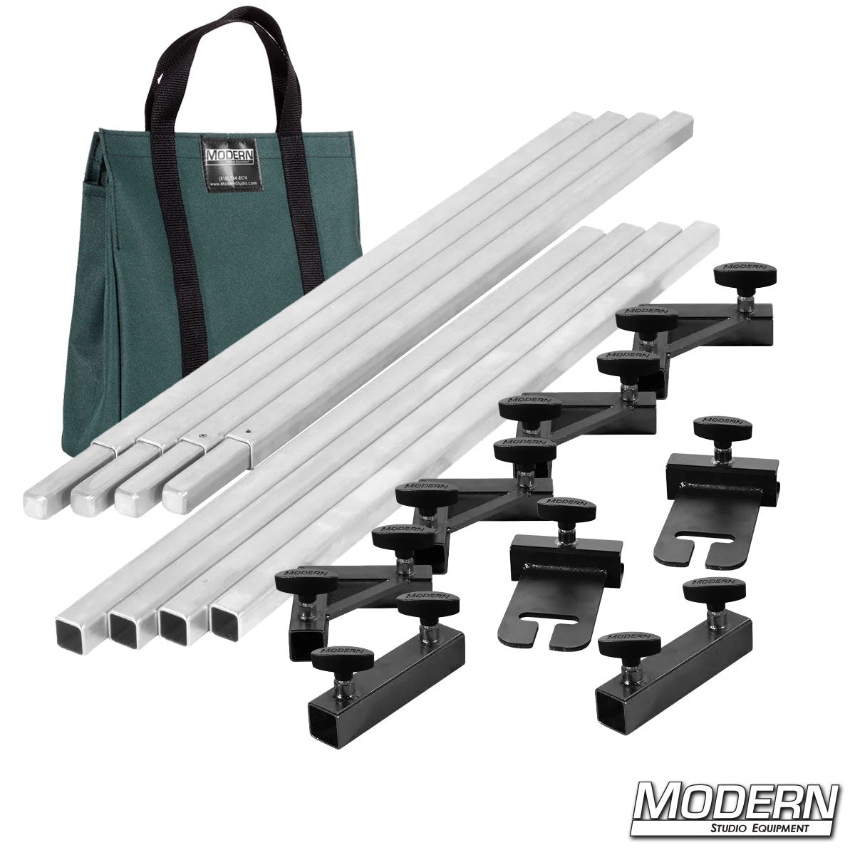Film production 8 x 8 frame kit showing aluminum tubes, ears, and connectors laid out with green bag