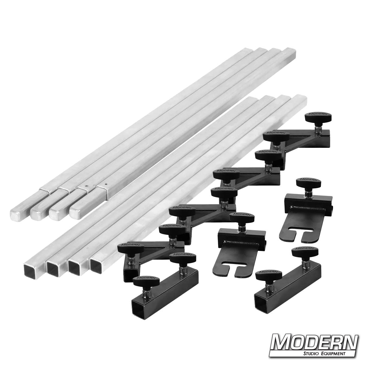 Film production 8 x 8 frame kit showing aluminum tubes, flip flop ears, and connectors laid out