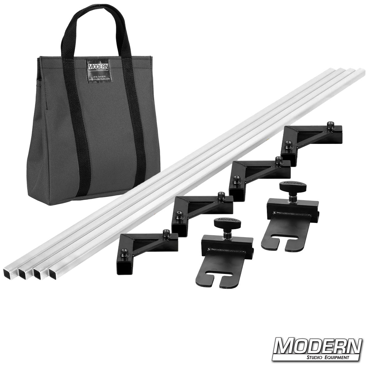 Studio microphone stand kit with carrying bag on a white background