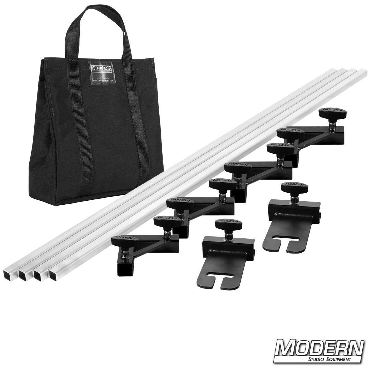 Set of audio rack components with a black bag on a white background, featuring the 'Modern Studio Equipment' brand.