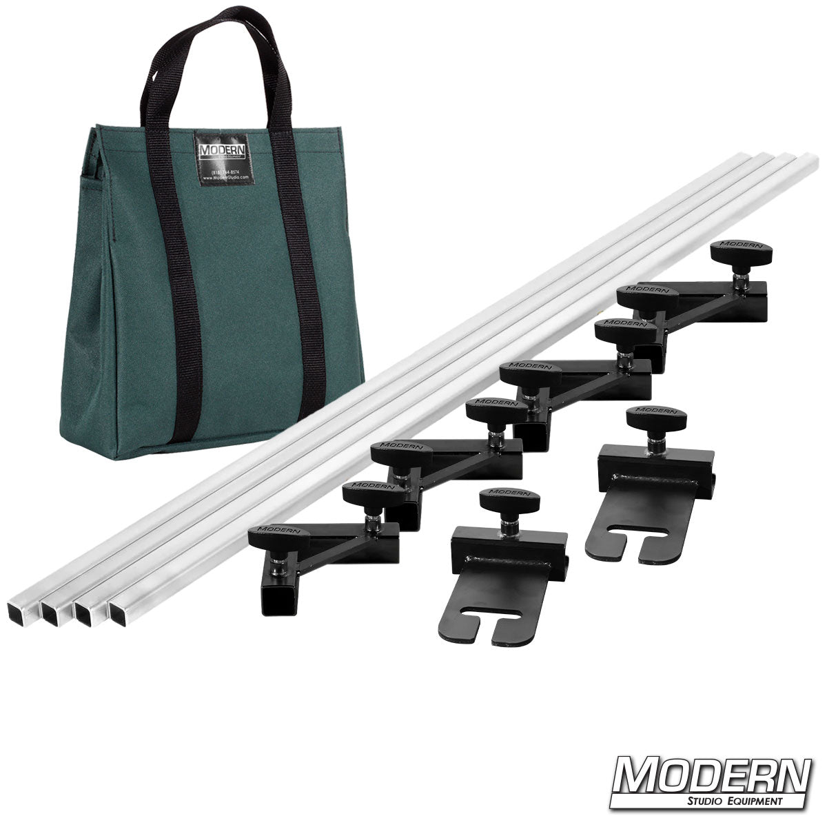 Studio microphone stand kit with carrying bag on a white background
