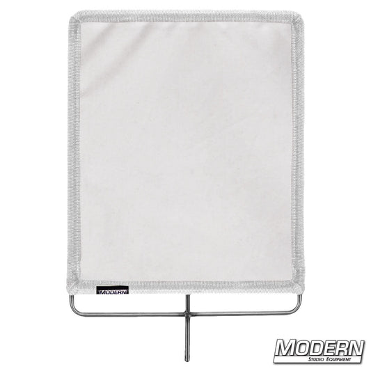 Small bleached muslin flag with white diffusion fabric on metal frame for light control.