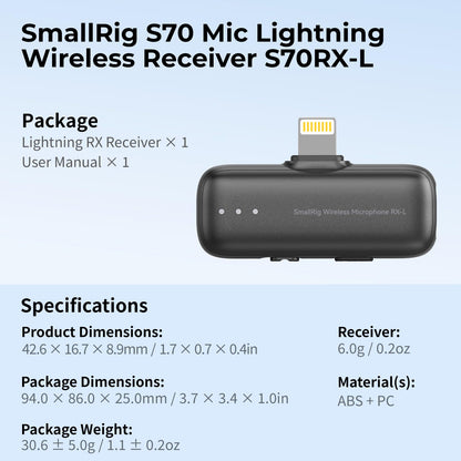 SMALLRIG S70 Mic Lightning Wireless Receiver S70RX-L for iPhone/for iPad, Professionally Tuned by Grammy Winner for Broadcast-Quality Sound in Vlogging, Live Streaming & Content Creation (Black)