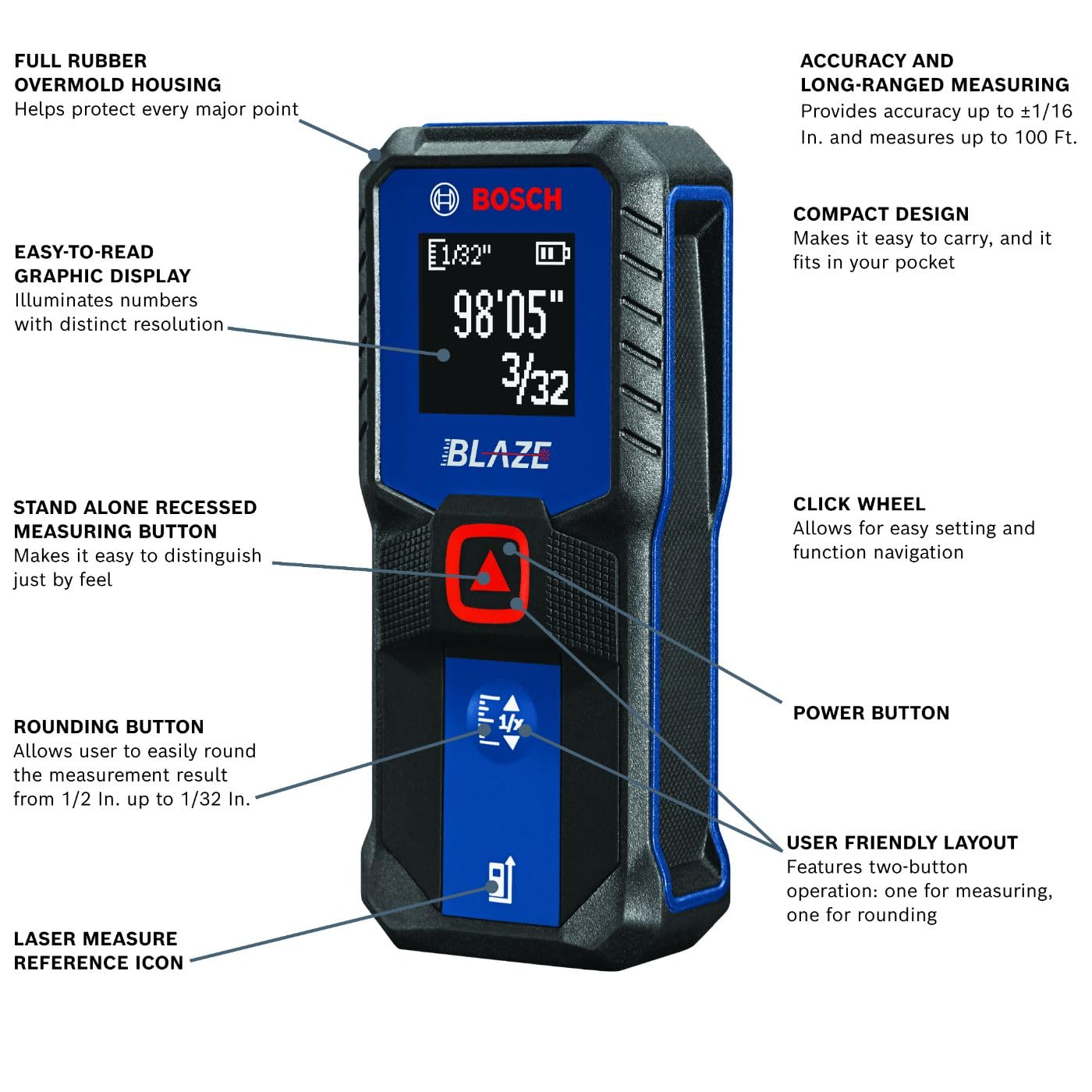 BOSCH 100 Ft Blaze Laser Distance Measure, Includes 2 AA Batteries