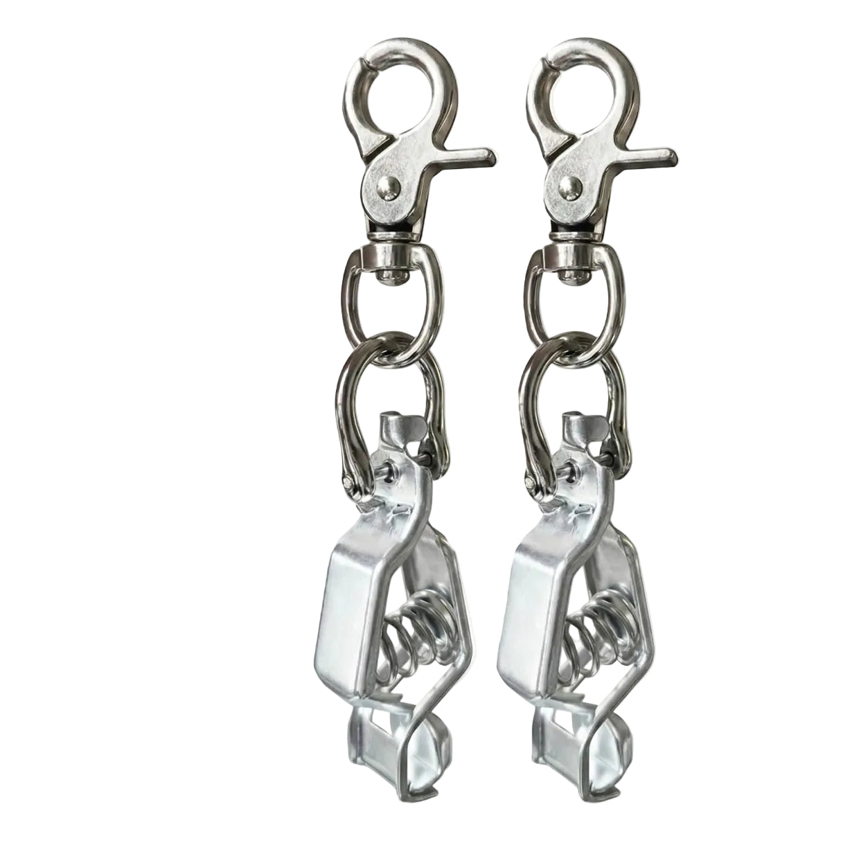 Two silver metal spring clamps with swivel snap hooks, shown side by side on a white background.