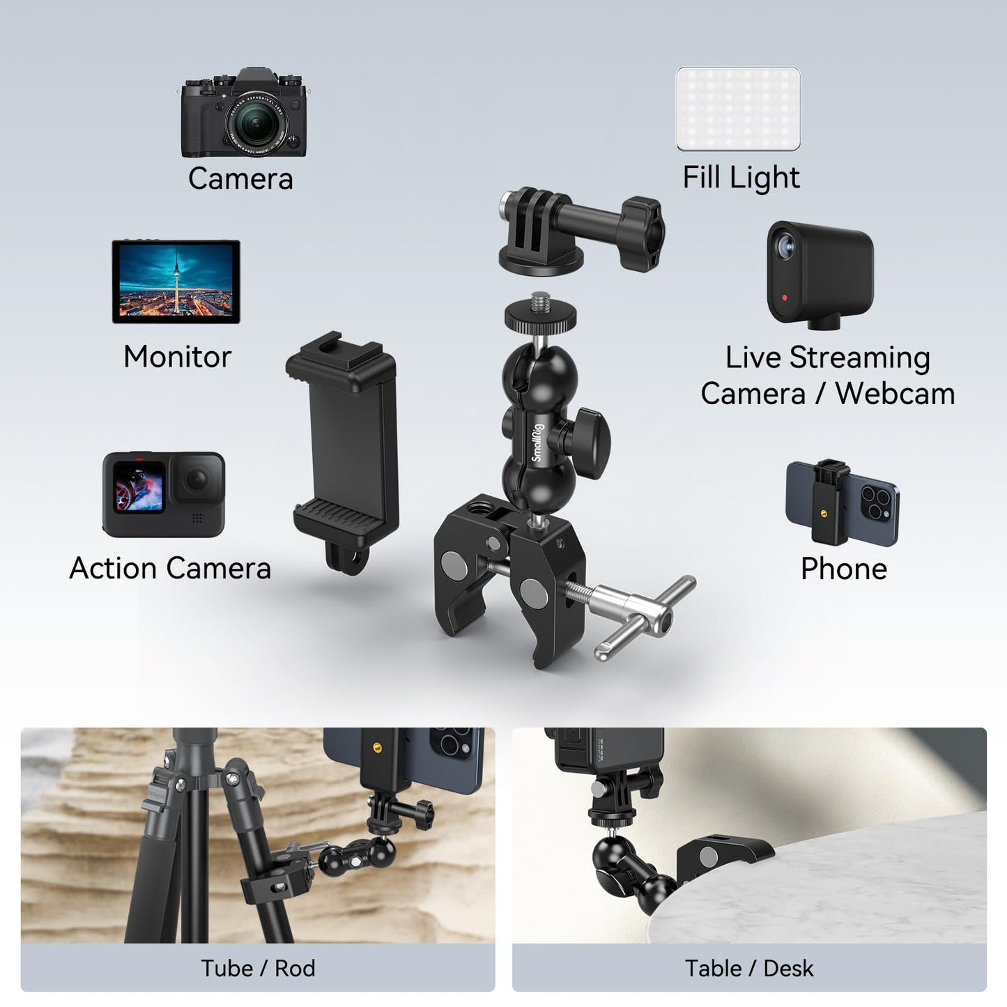 SMALLRIG Camera Mount Kit, Ball Head Magic Arm With Clamp, Super Clamp With Non-Slip Threads for GoPro, Webcam, Camera, Phone, Monitor and Light