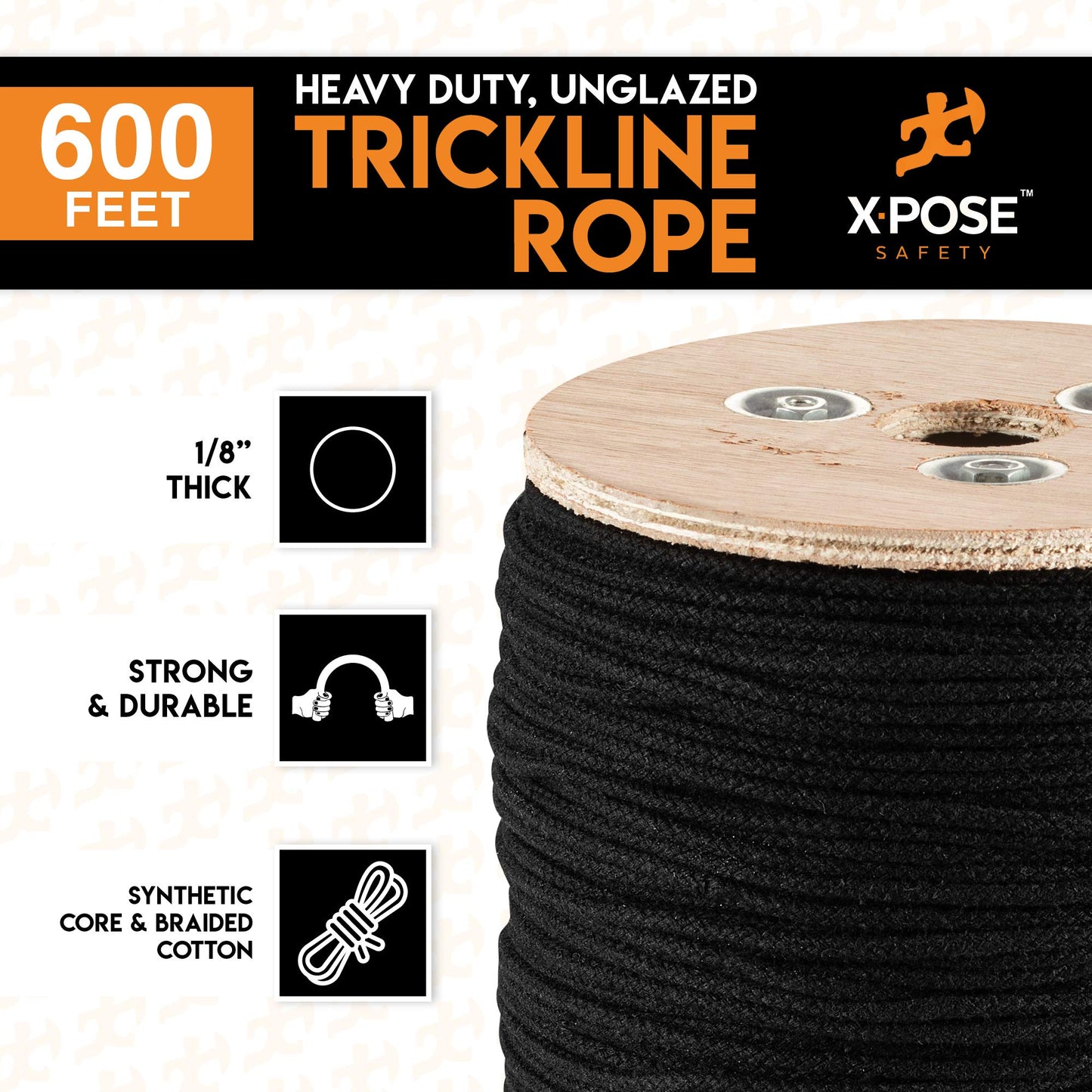Black Unglazed Trickline Rope - 600 ft x 1/8 inch Theatrical Tie Line Heavy Duty Spool, Cable Management and Wire Tie - for Theatre, Stage Decor, Rigging and Utility Applications - Grip Support Store