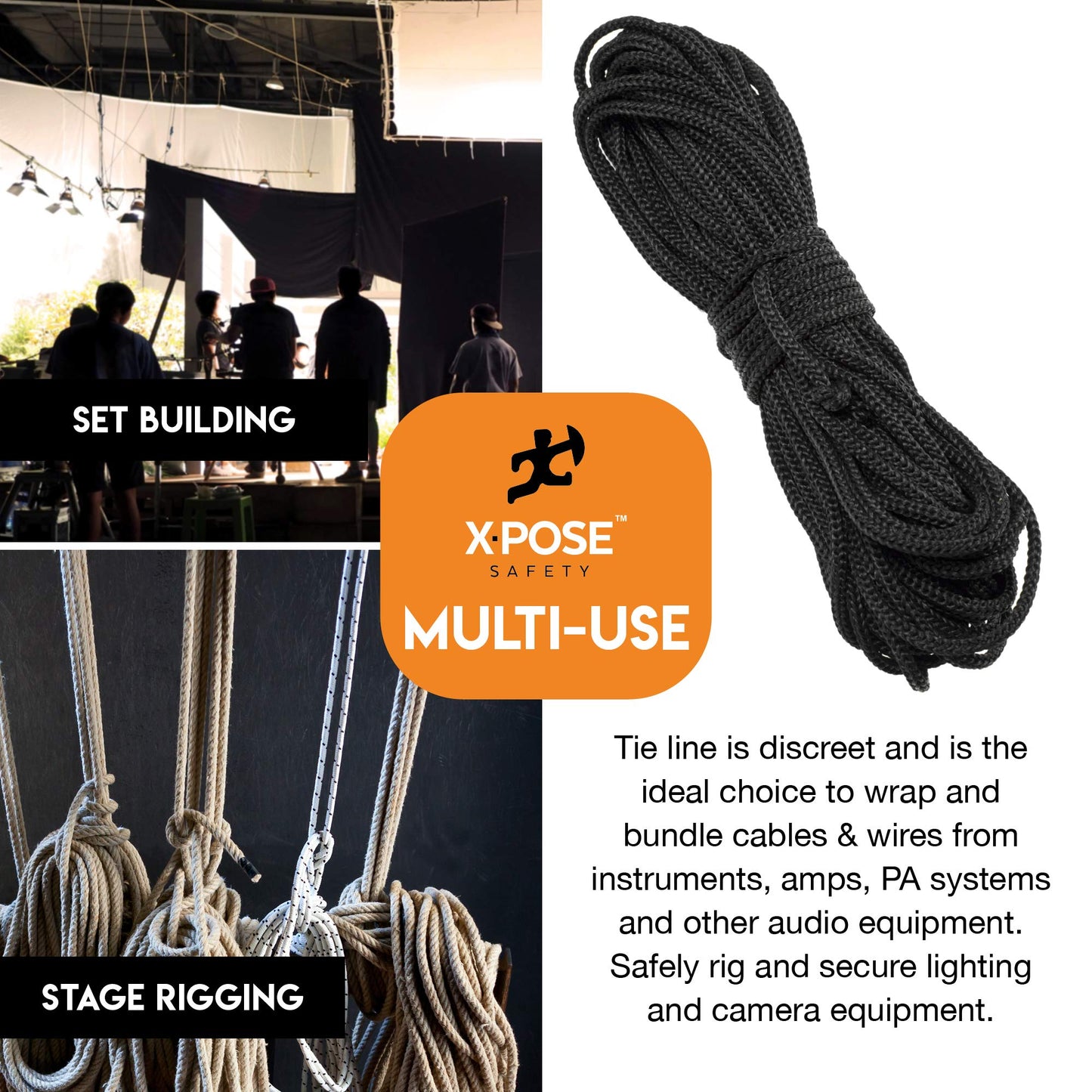 Black Unglazed Trickline Rope - 600 ft x 1/8 inch Theatrical Tie Line Heavy Duty Spool, Cable Management and Wire Tie - for Theatre, Stage Decor, Rigging and Utility Applications - Grip Support Store
