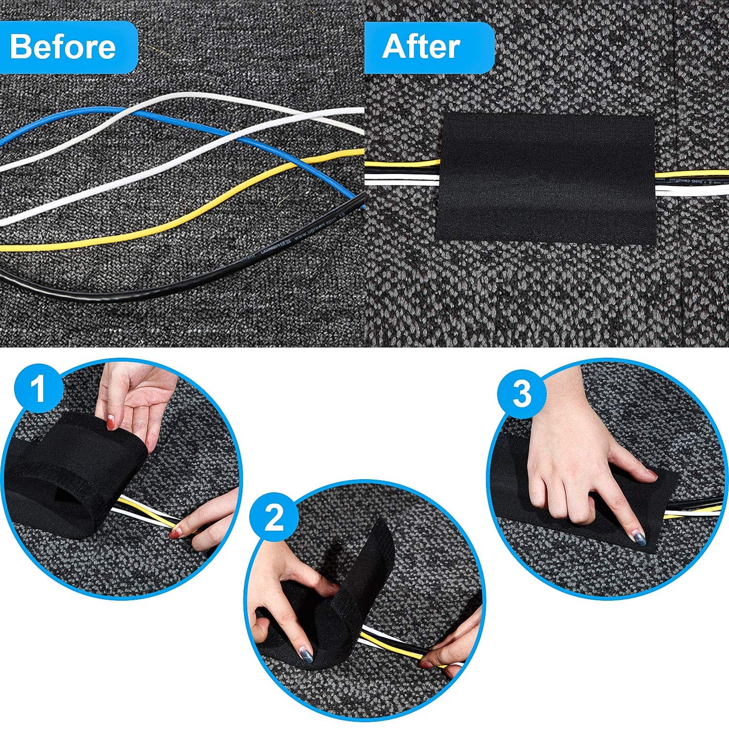 4" Velcro Grip for Cable Cords on Carpets, 2-Pack (10 ft)