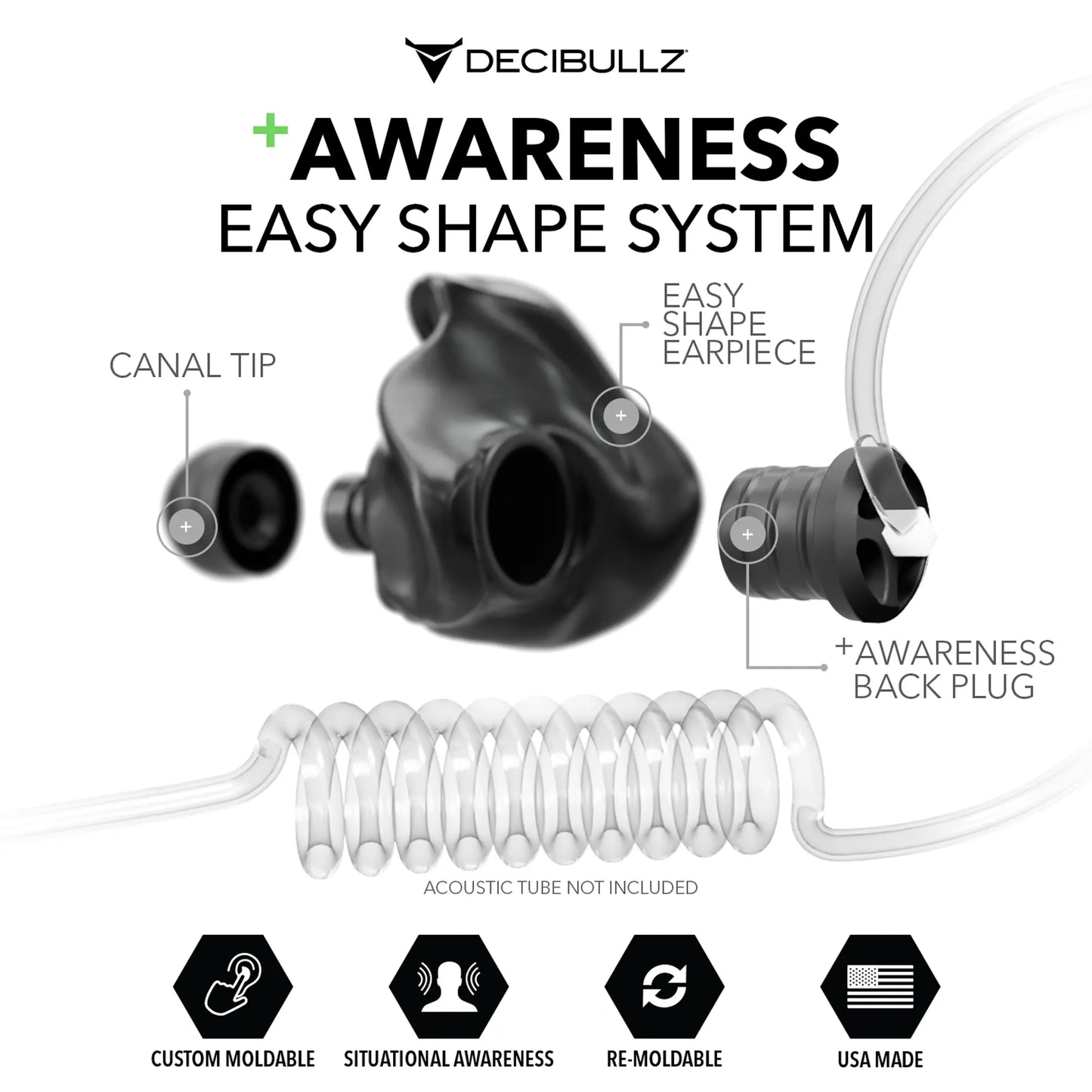 Custom Moldable Awareness Earpiece for Clear Tube, Radio, Surveillance, and Communication Headsets