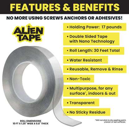 Alien Multipurpose Adhesive Transparent Double Sided Nano Tape Roll 1.18" Wide x 10 Feet Long - Grip Support Store