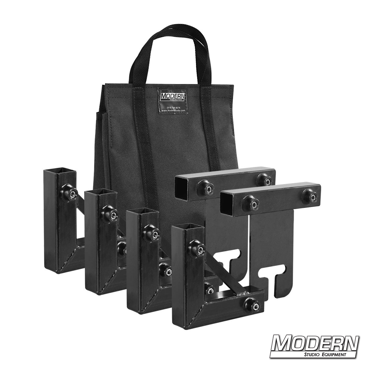 A set of black metal frame kit with various components, designed for use with 1 inch square tubes, displayed alongside a carrying bag with the brand 'Modern' visible.