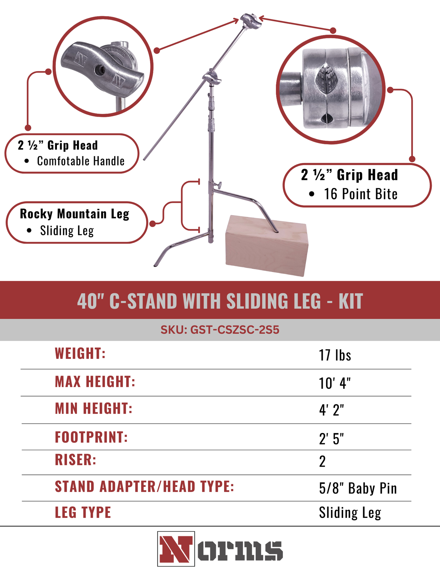 Norms 40” C-Stand with Sliding Leg Steel + Arm and Head Kit