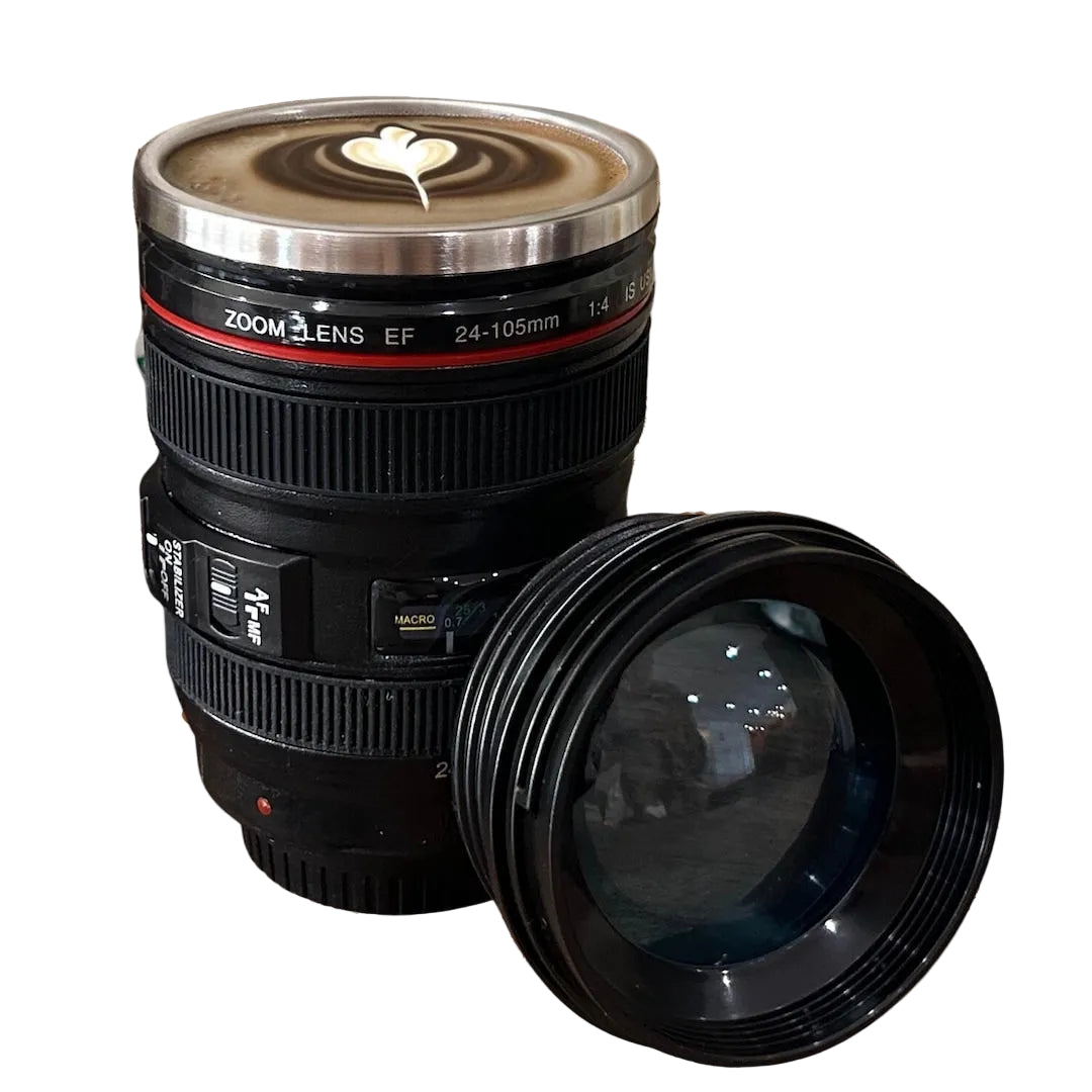 Camera lens travel mug with replica lens lid