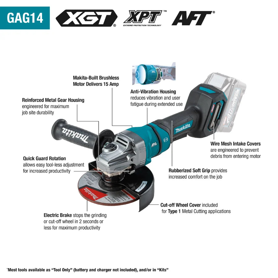 Makita GAG14M1 40V max XGT® Brushless Cordless 4‑1/2” / 6" Paddle Switch Angle Grinder Kit, with Electric Brake (4.0Ah) - Grip Support Store