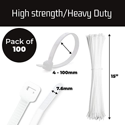 15" White Zip Ties (100 Pack)- Heavy Duty