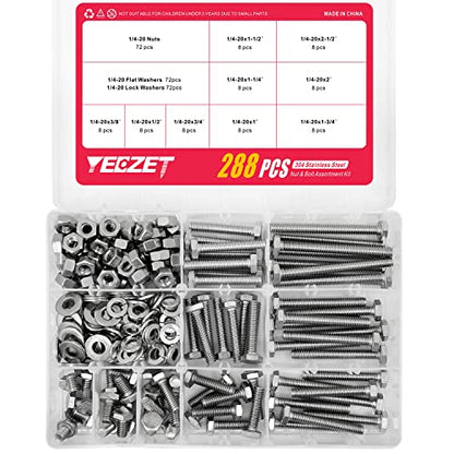 1/4-20" Hex Bolts and Nuts Washers Assortment Kit, 288PCS - Stainless Steel