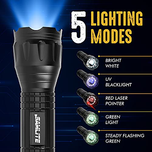 Tactical Flashlight with Red Laser and Magnetic Bottom - Water Resistant - (3 AAA Batteries Included)