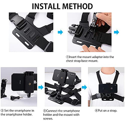 Mobile Phone Chest Mount Strap Holder ，Anti-Slide Strap Mount for Phone 360 Degree Rotary for Video Recording Camera Harness