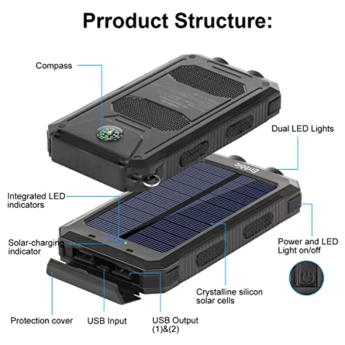 Solar Battery Charger with Compass + LED Lights is Waterproof and Portable