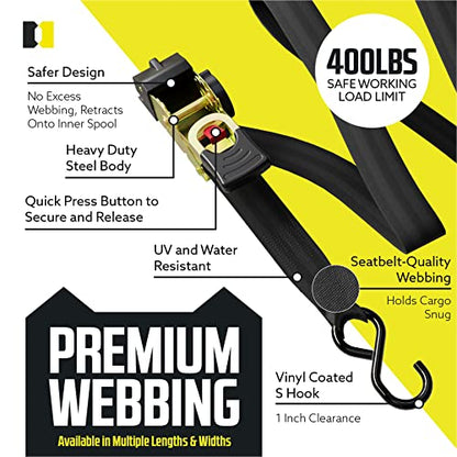 Auto Retractable Ratchet Straps Heavy Duty (4 pack) - Working Load Limit 500Lbs